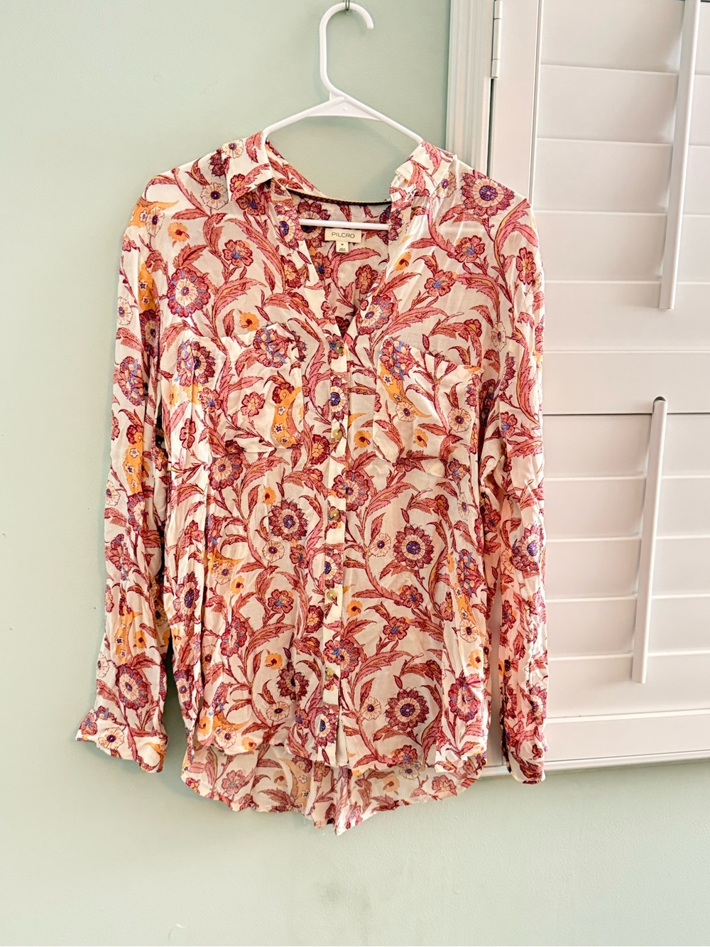 Pilcro Anthropologie Button-Down Shirt in Cream with Orange Accents
